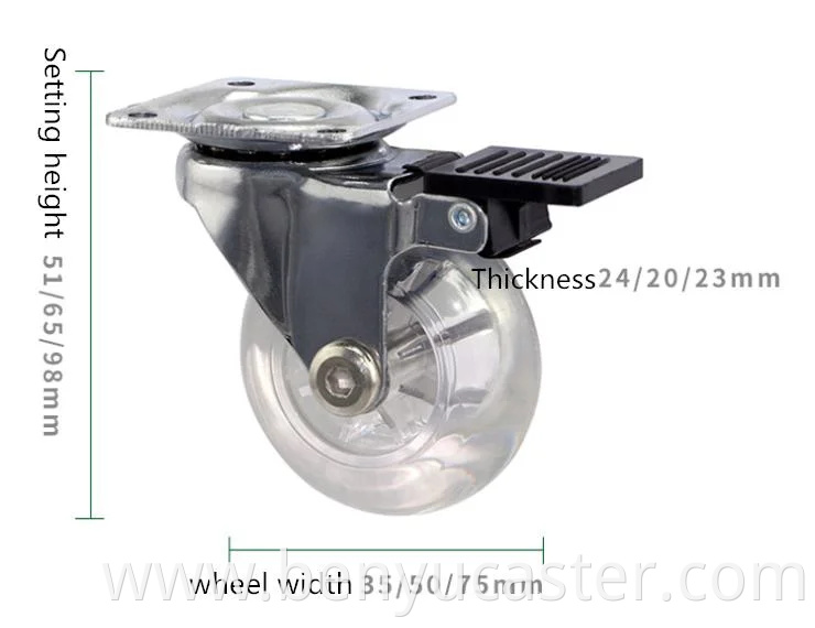 Transparent Red Blue Black Color Caster Wheel with PU and Zinc Plating for Furniture